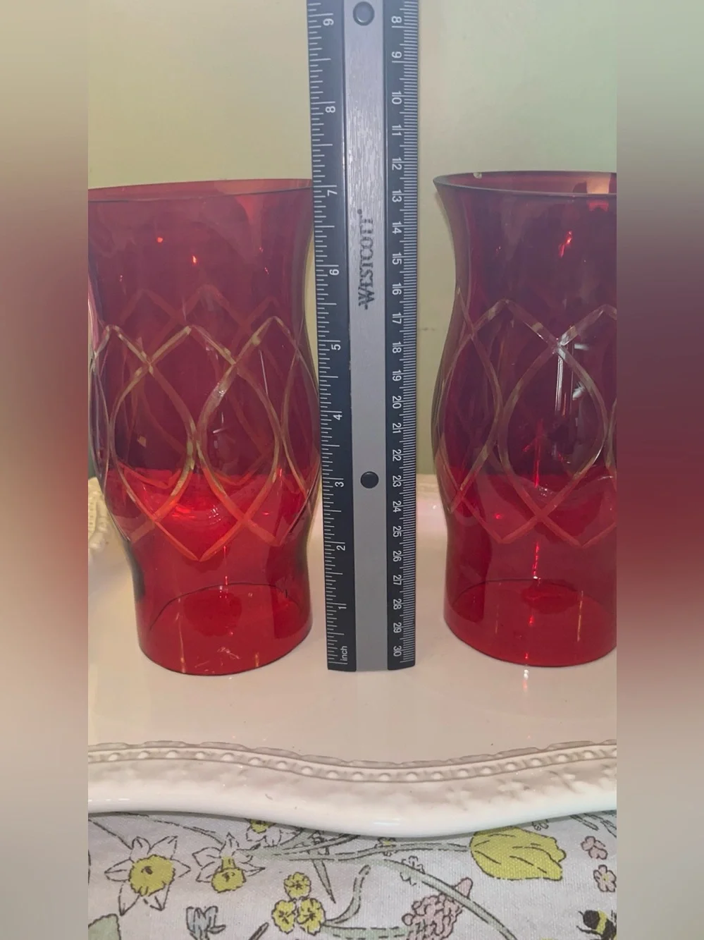 Ruby Red Glass Diamond Lattice Hurricane/Chimney Shade Set of 2